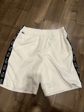 Lacoste White Athletic Shorts with Black Side Tape and Green Crocodile